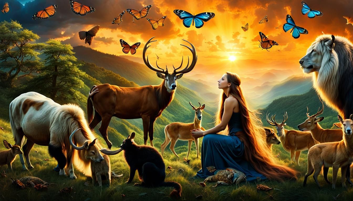 Mythic Woman Surrounded by Animals at Sunset