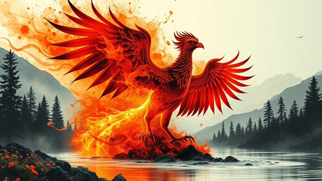 Flaming Phoenix in River Landscape: Splash Art