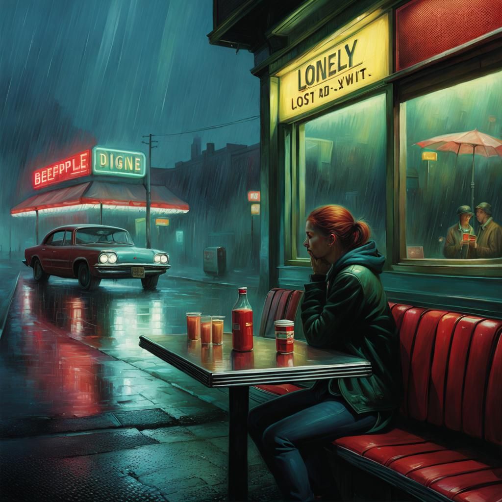 Rainy Diner Scene of Solitude in Digital Art
