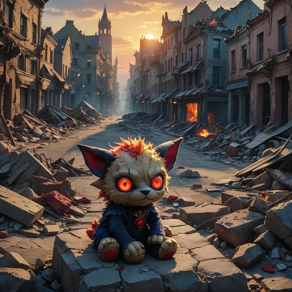 Demonic Plushie in Pastel Apocalypse: Digital Matte Painting
