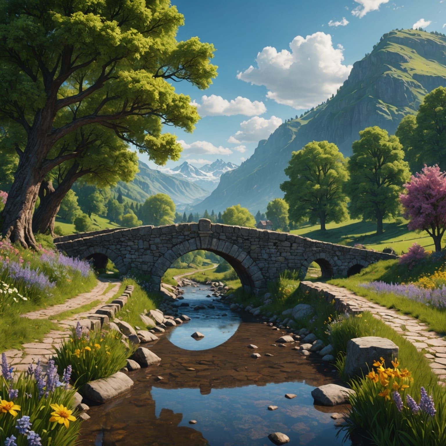 Picturesque Stone Bridge Over River, Fantasy Art