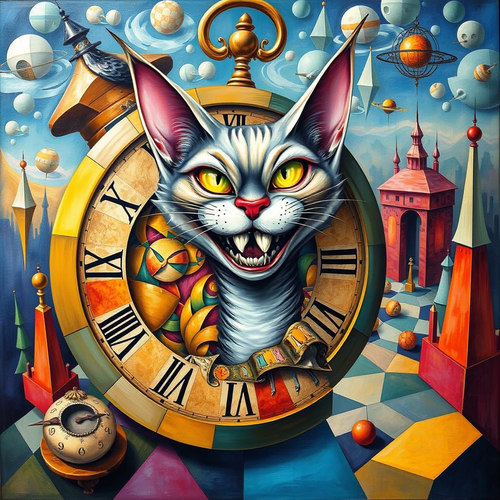 Whimsical Surrealist Cat from a Melting Clock