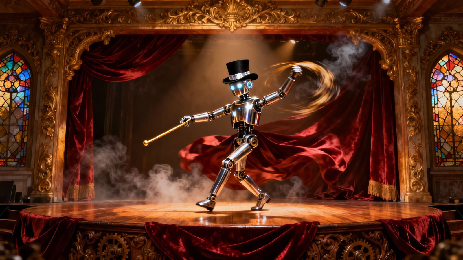 Robot Performer on Medieval Stage with Top Hat