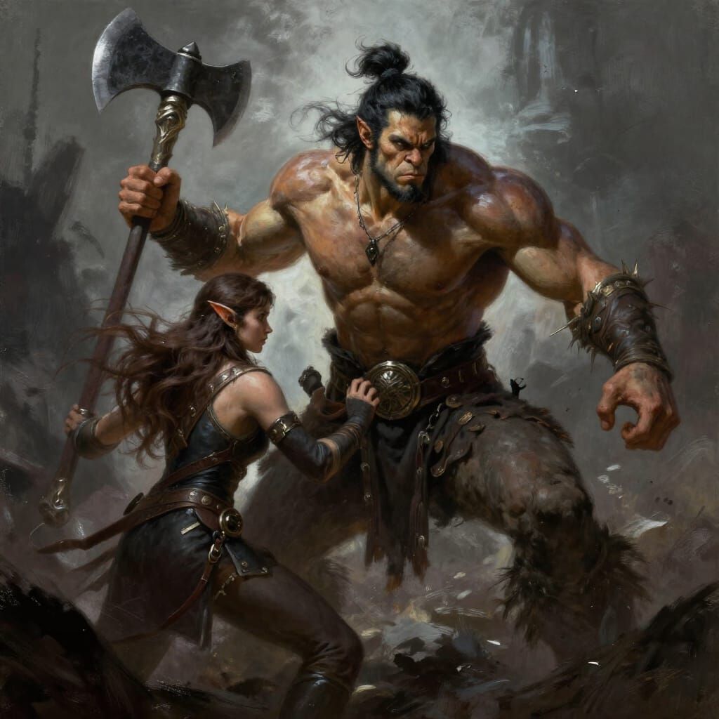 Epic Orc Defends Elf in Dramatic Digital Painting