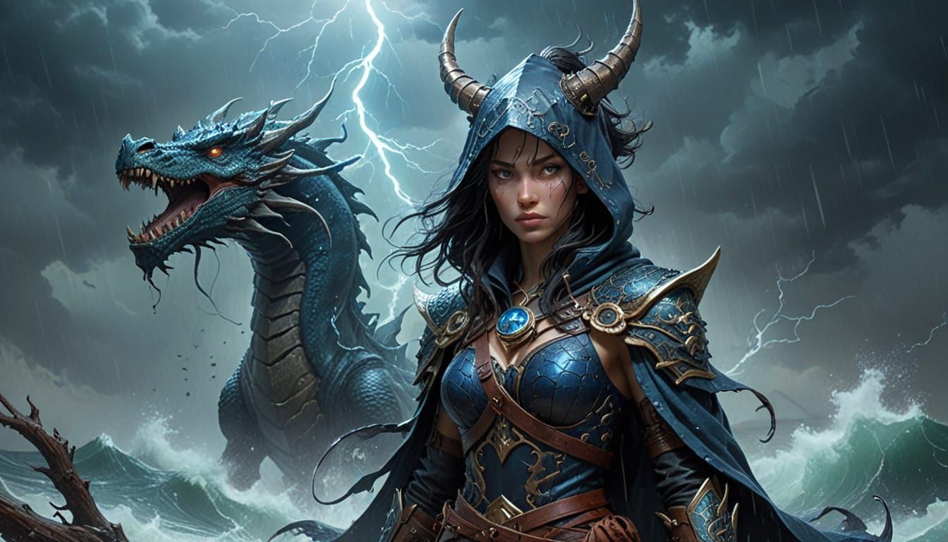Storm Sorcerer: Androgynous Sea Serpent Dragon Humanoid