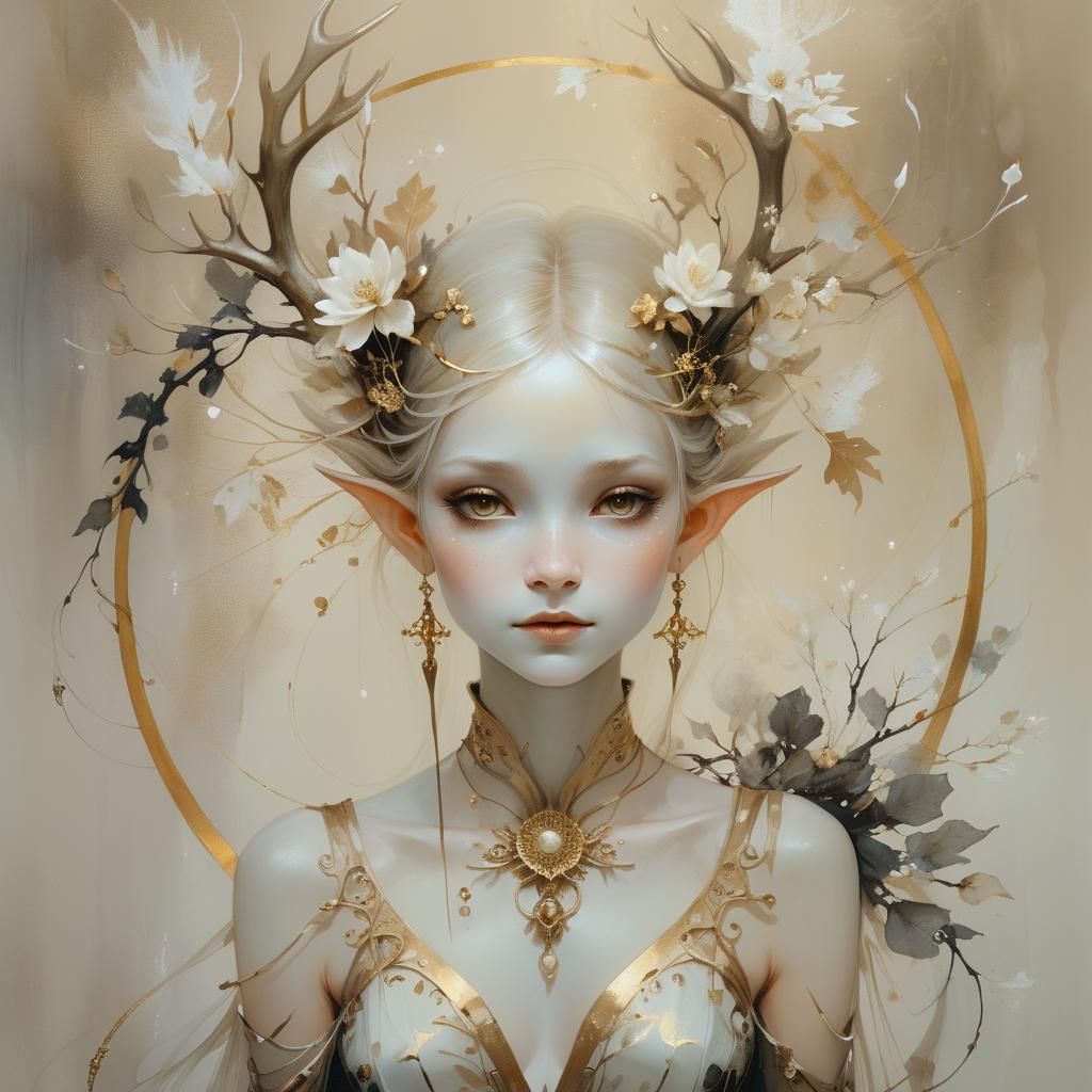 Solarpunk Elf Princess with Antlers, Surreal Illustration