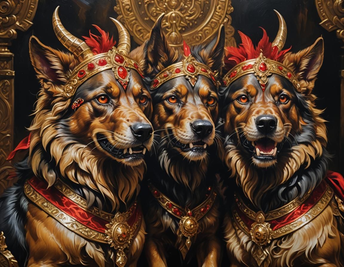 Three-Headed Cerberus in Baroque Oil Painting