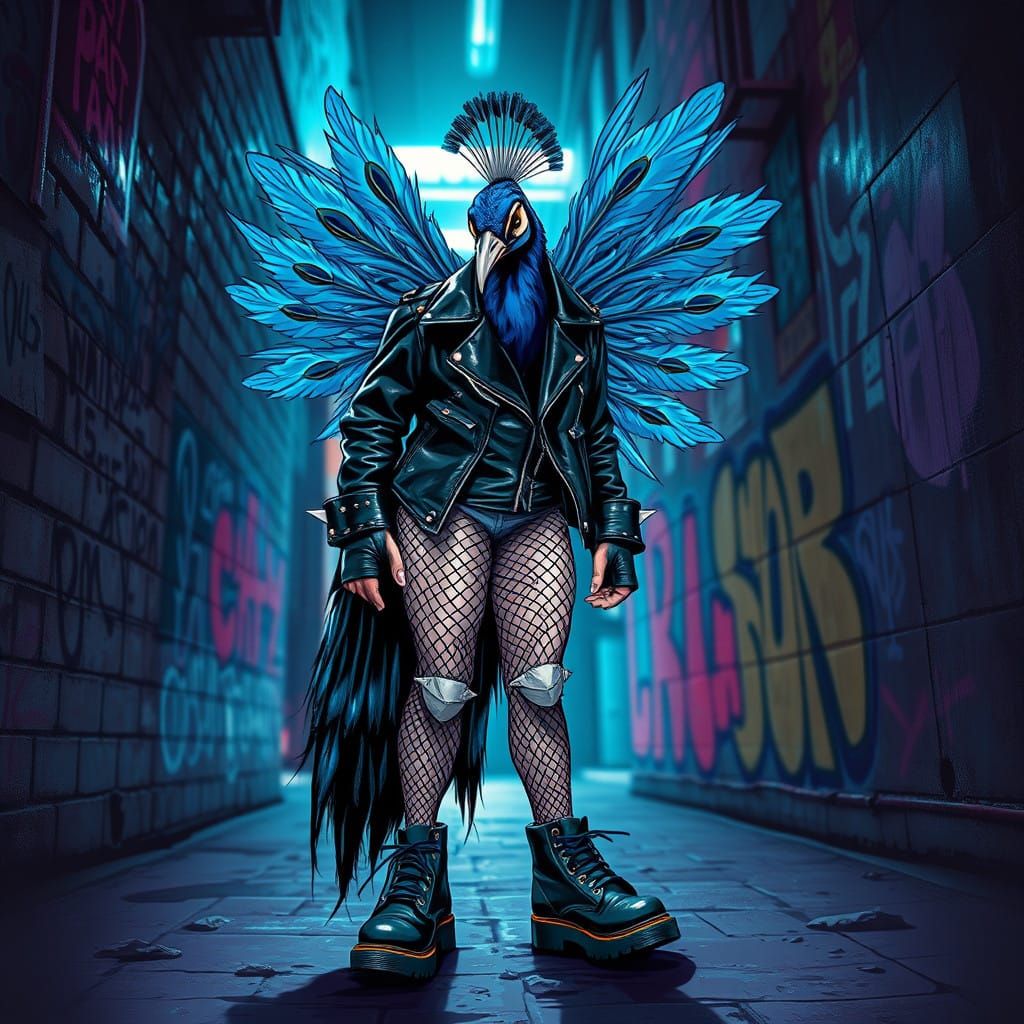 Edgy Punk Rock Peacock in Gritty Alleyway