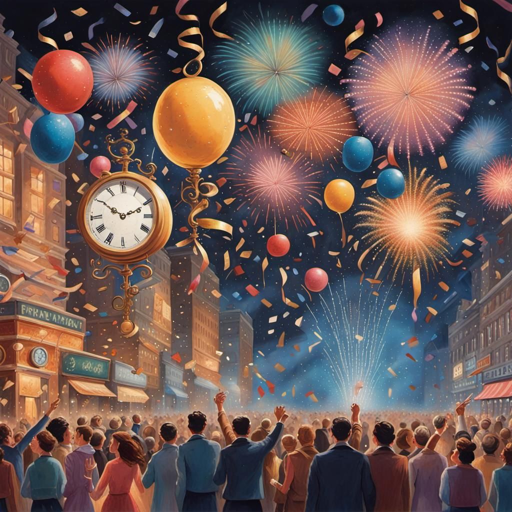 New Year's Eve Celebration with Fireworks and Clock
