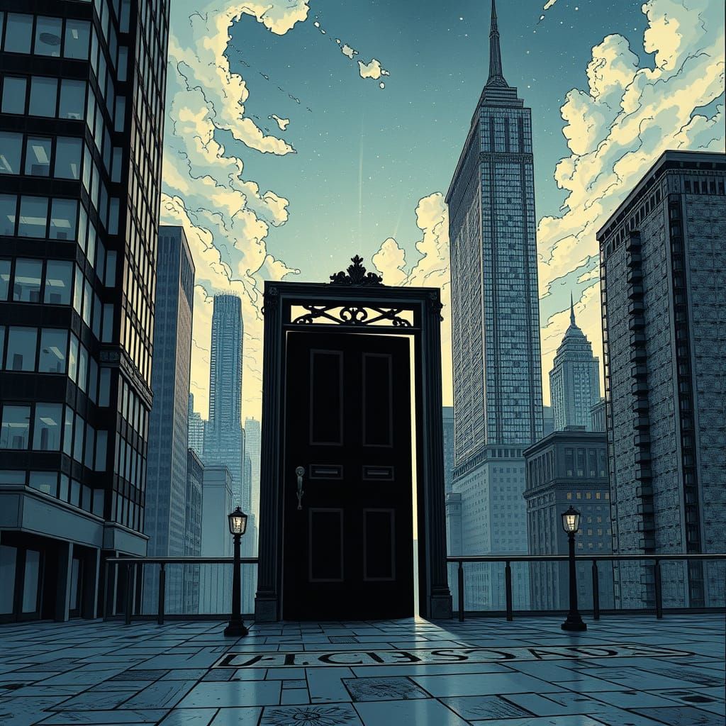 Black Void Doorway in City Sky: Comic Book Art