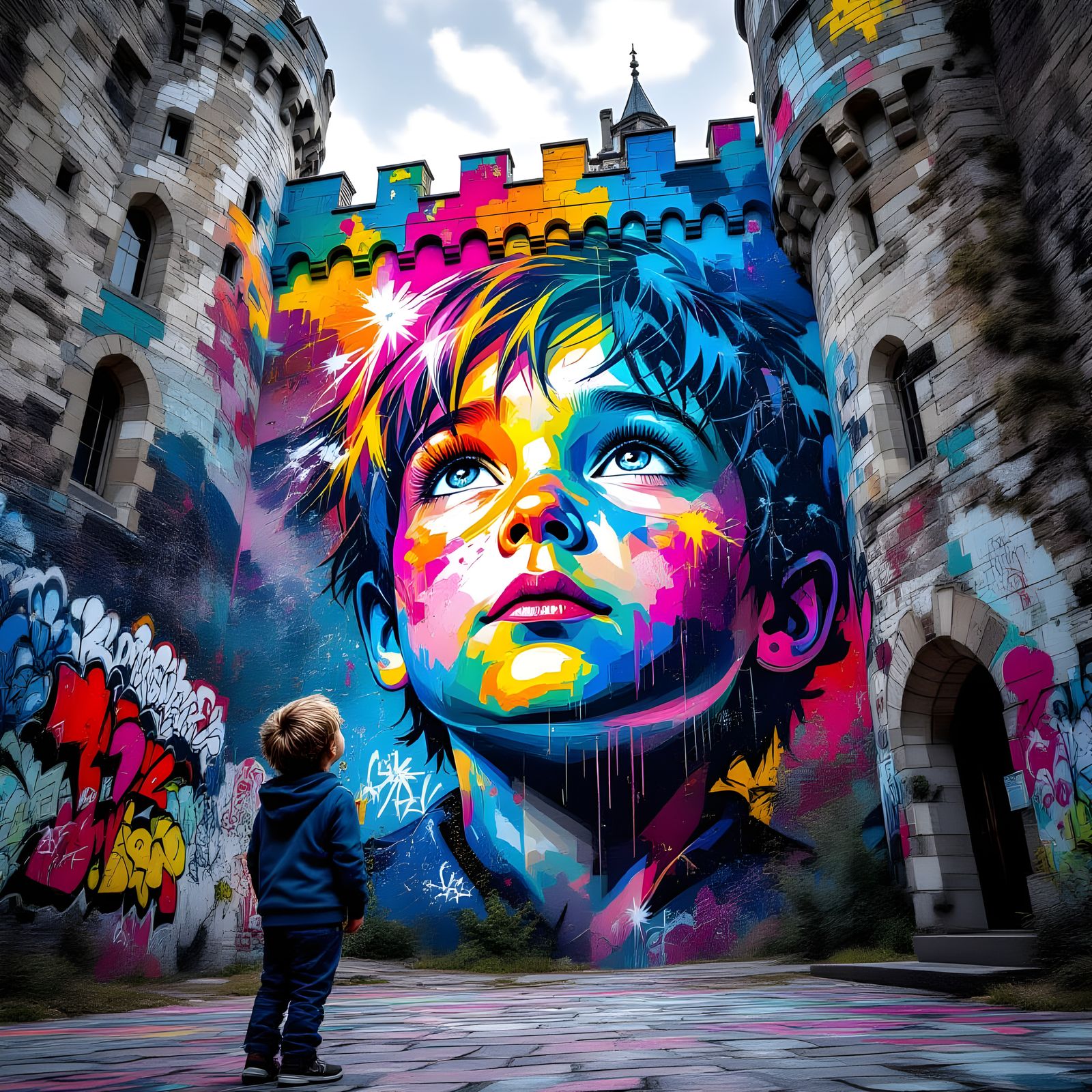 Boy in Castle Gazing at Colorful Graffiti Art