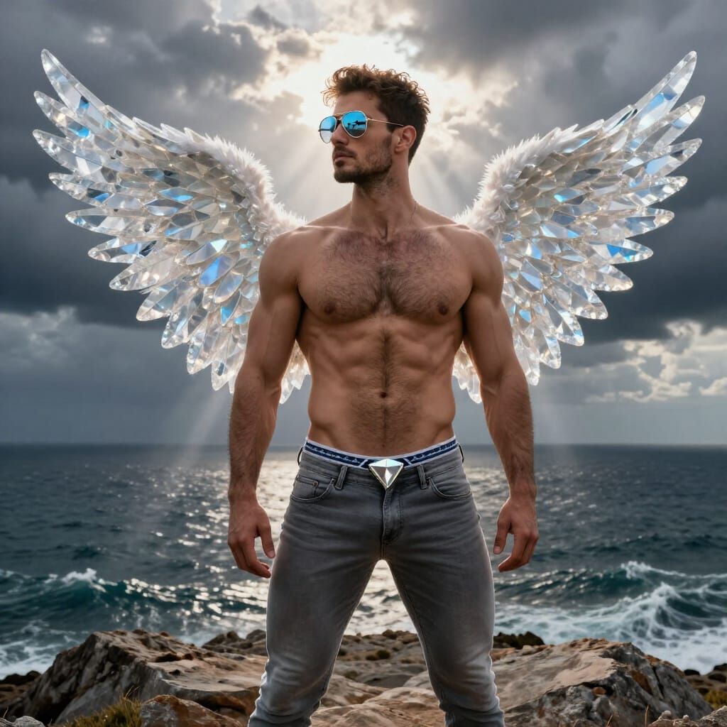 Crystal Winged Angel on Mesa Overlooking Stormy Seas