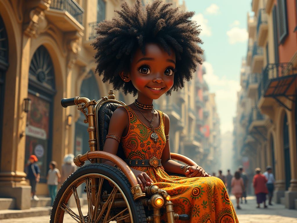 Whimsical Steampunk Girl in Vibrant Street Scene