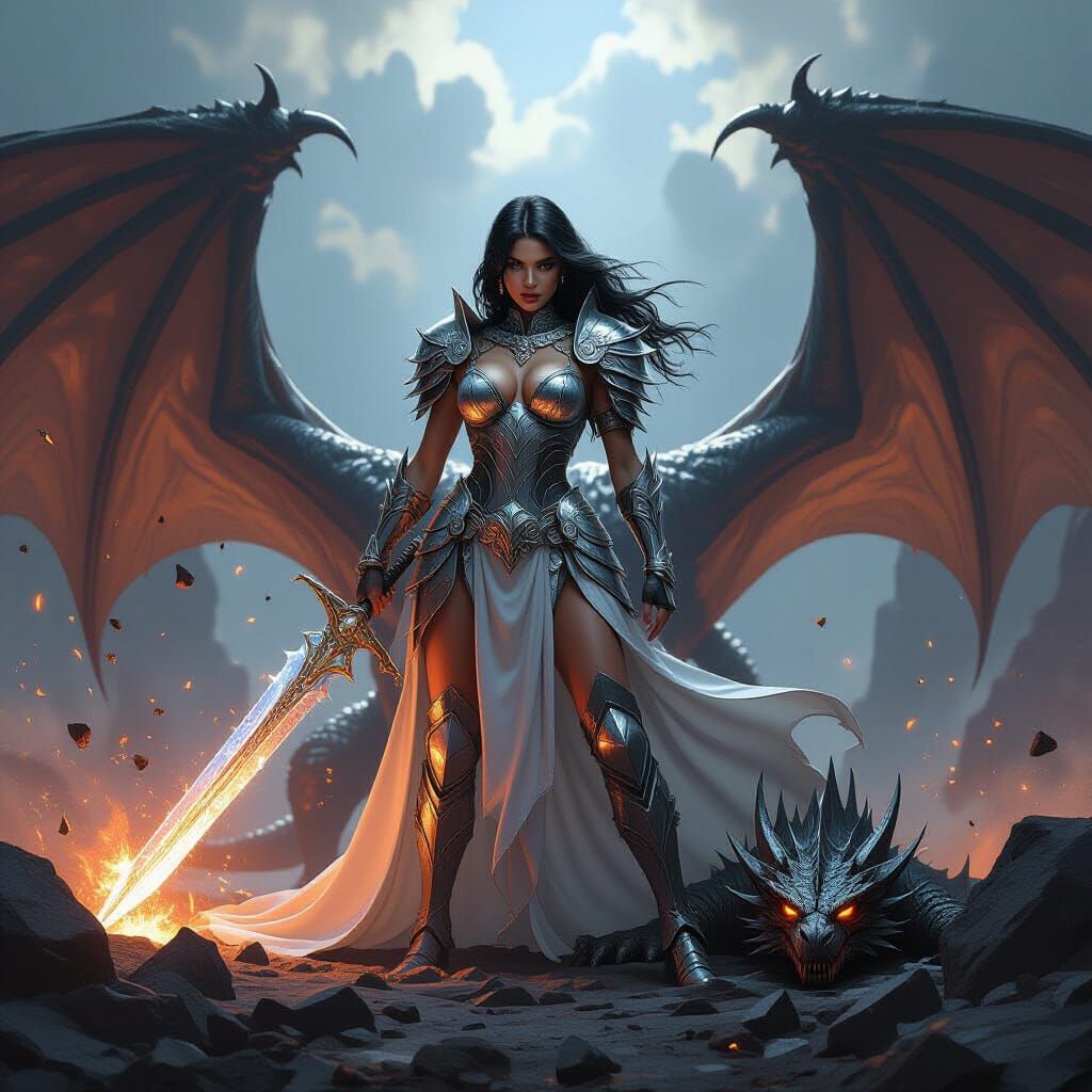 Crystal Armor Warrior Victorious Over Dragon in Epic Fantasy...