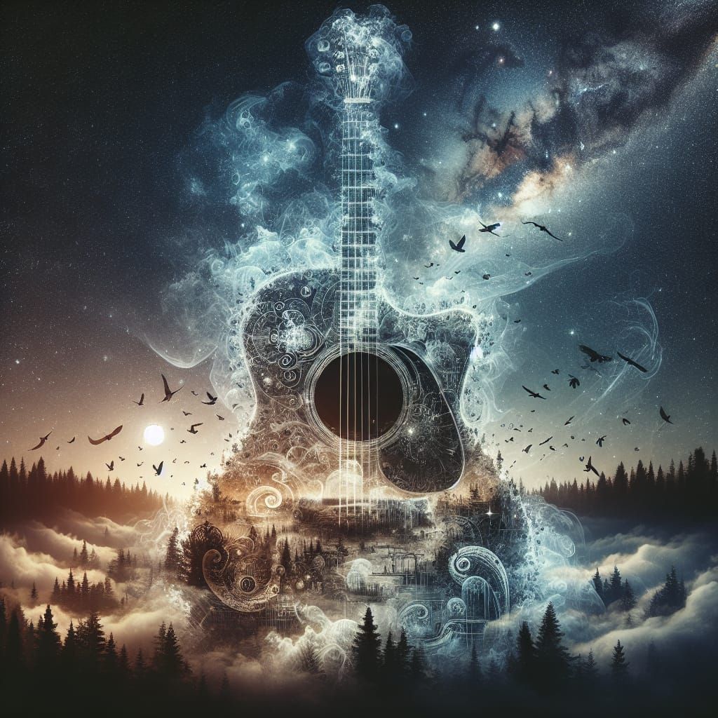Celestial Music Scene with Ghostly Guitar in Double Exposure