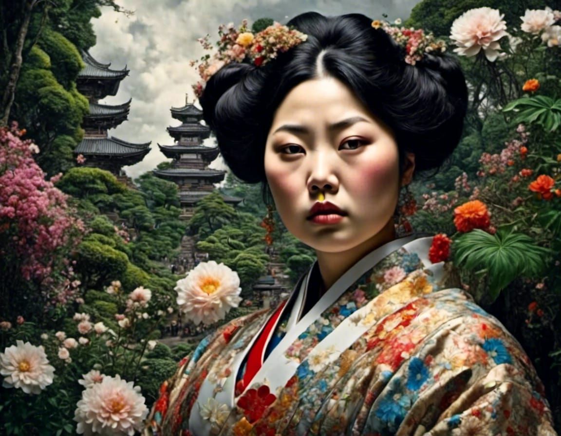 Detailed Portrait of Japanese Woman in Garden