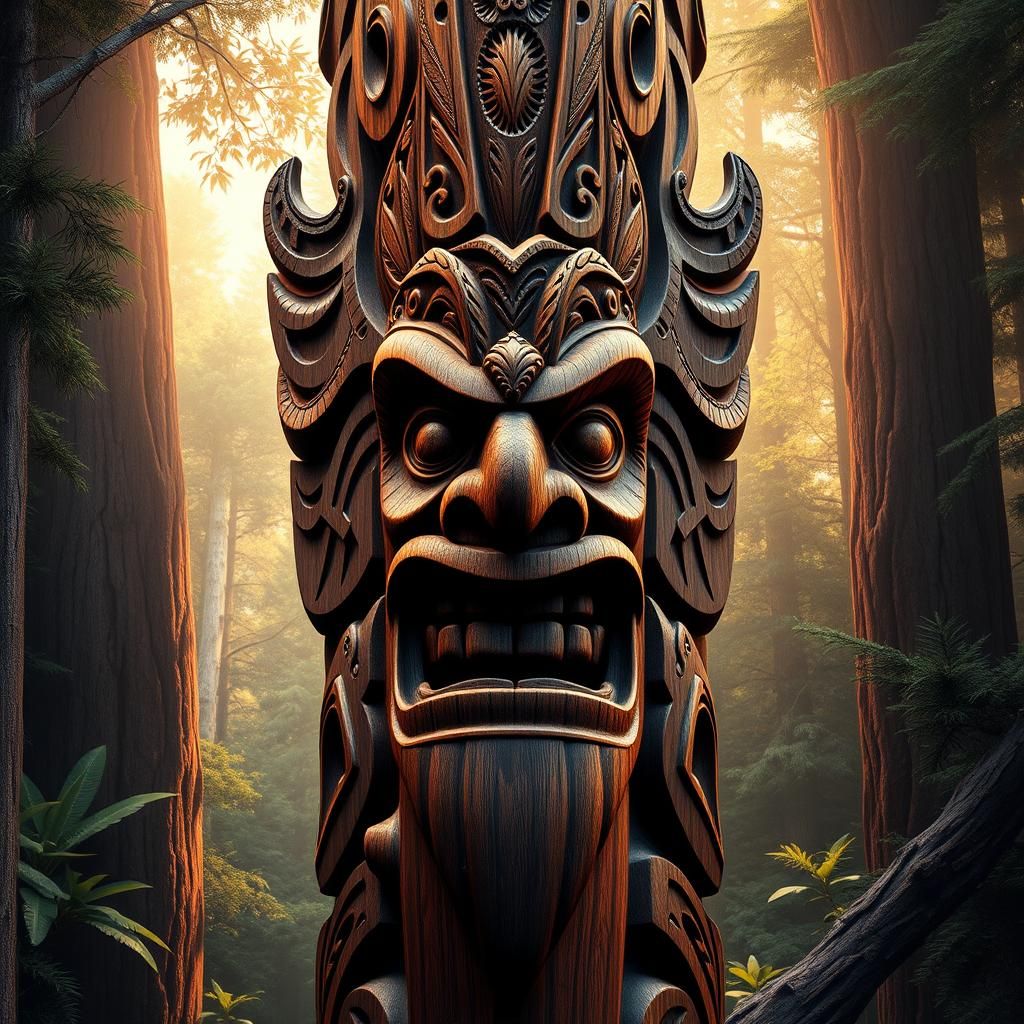 Detailed Digital Wood Totem Pole with Intricate Carvings