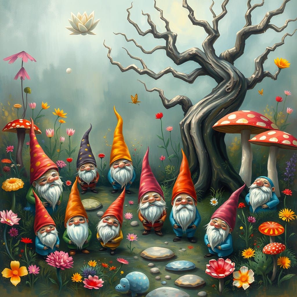 Whimsical Cubist Gnomes in a Fantastical Garden