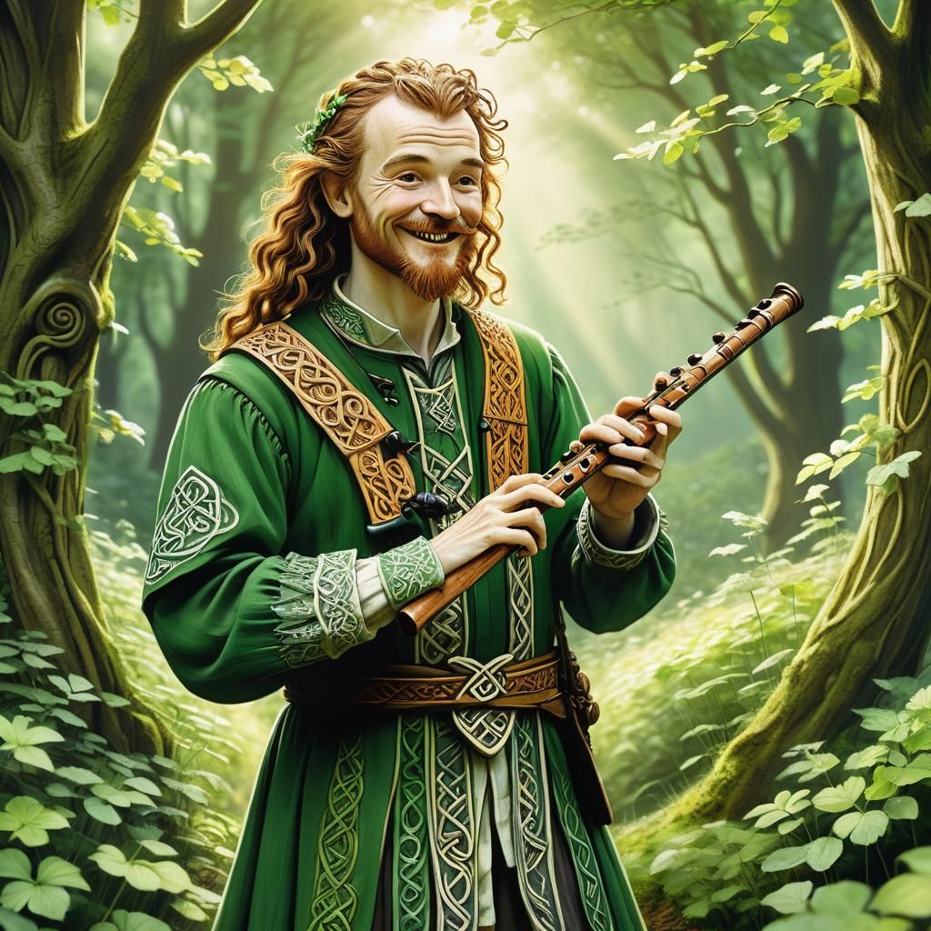 Celtic Bard Plays Flute in Forest Glade