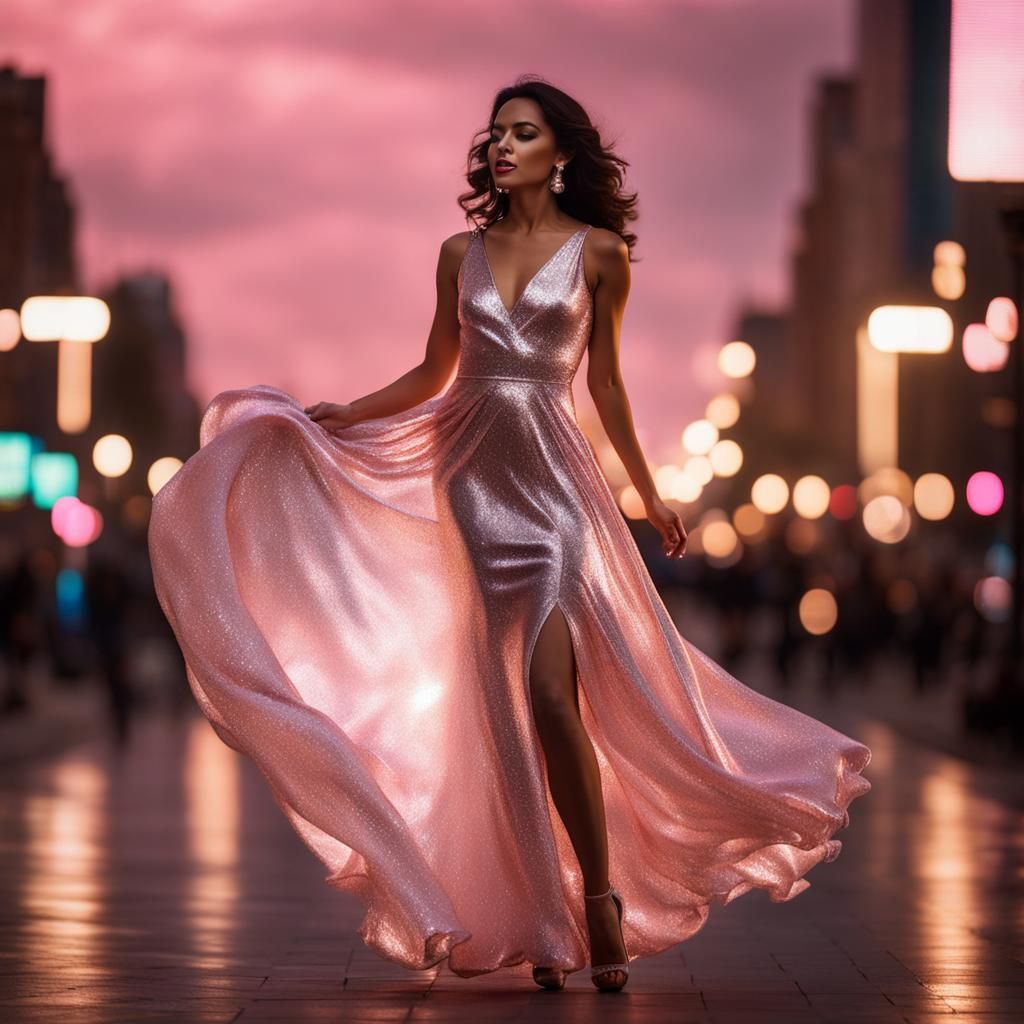 Woman Dancing in Shiny Pink Dress