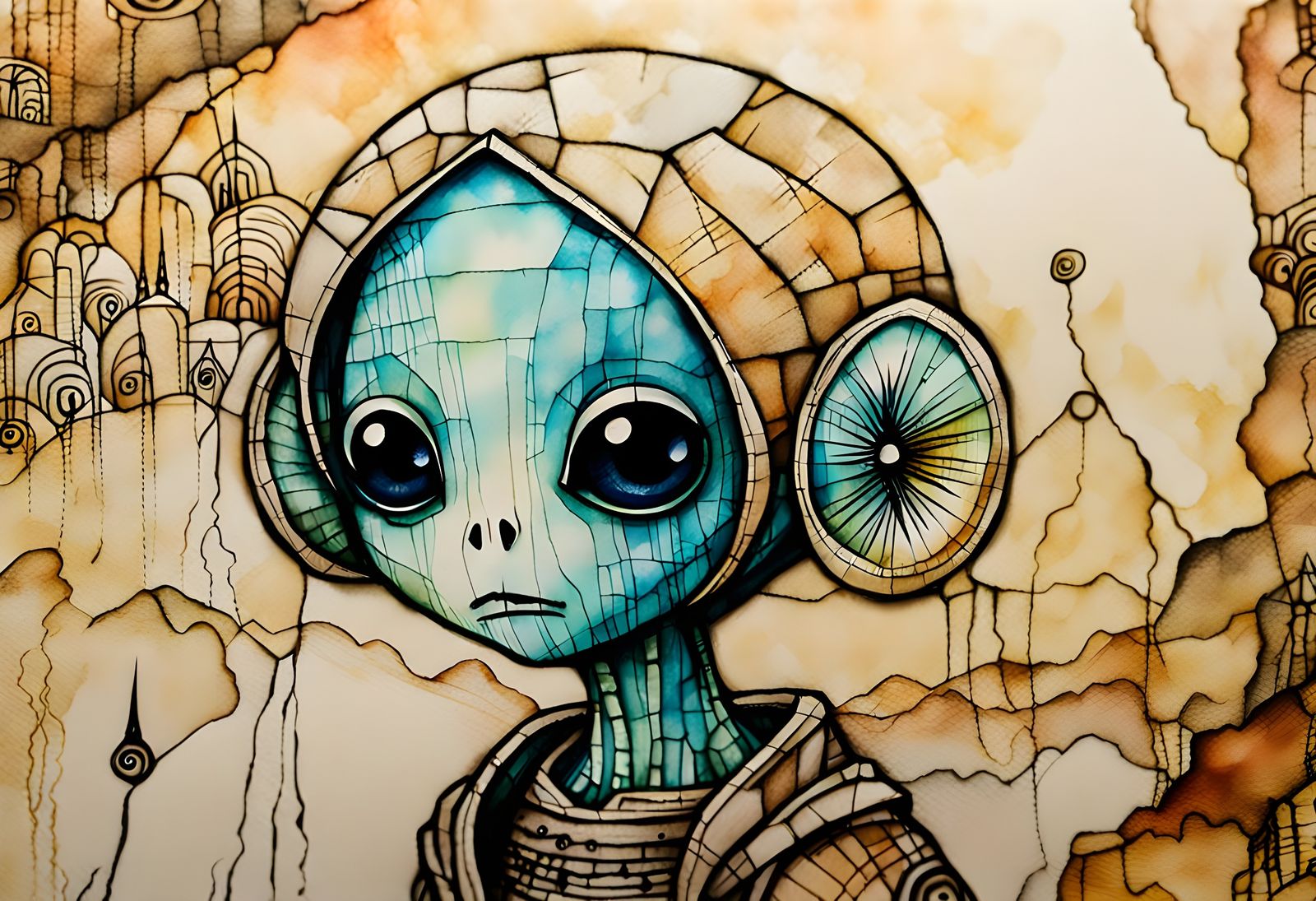 Chibi Alien on Papyrus in Ancient Art Style