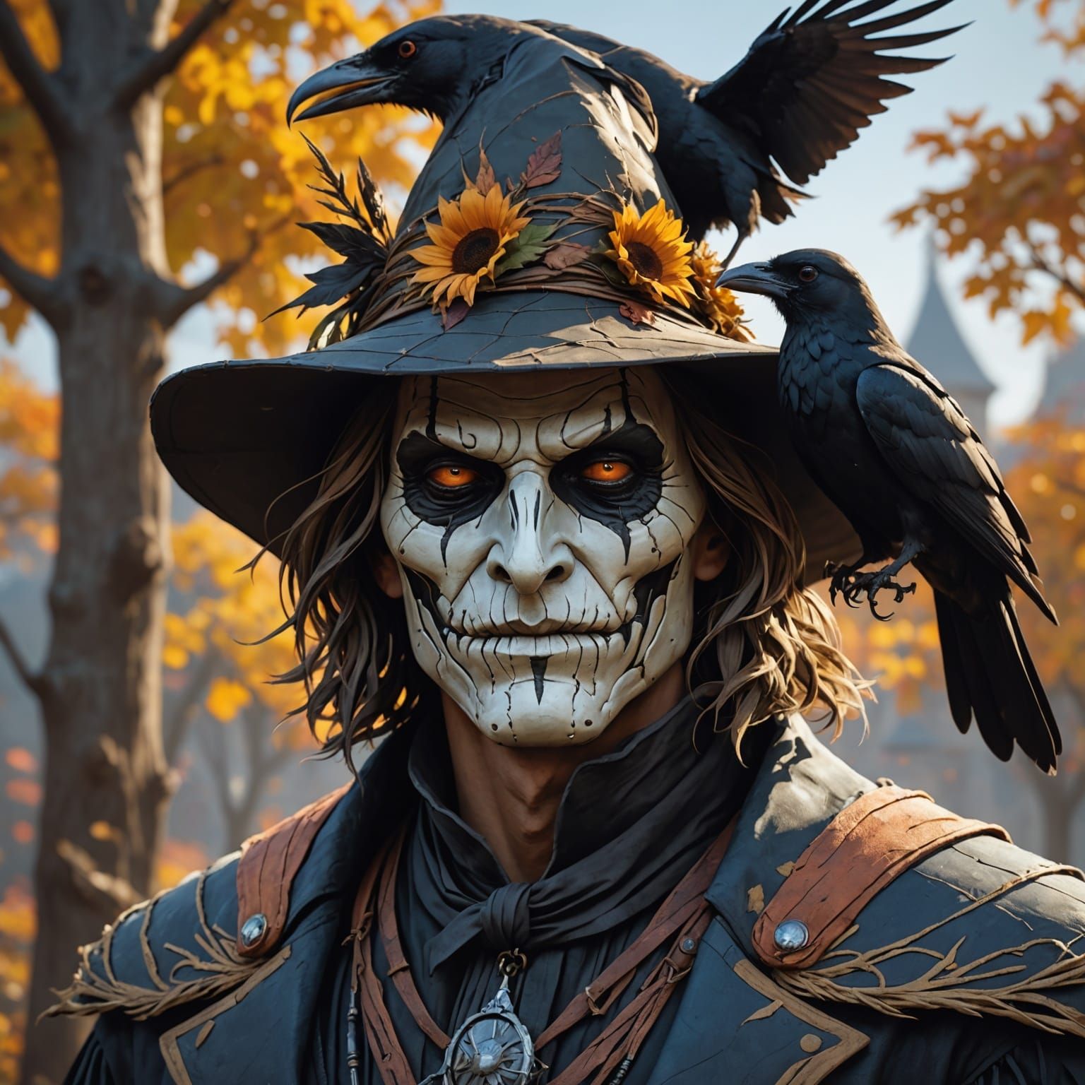 Detailed Scarecrow Portrait with Crow, Hyperdetailed Art