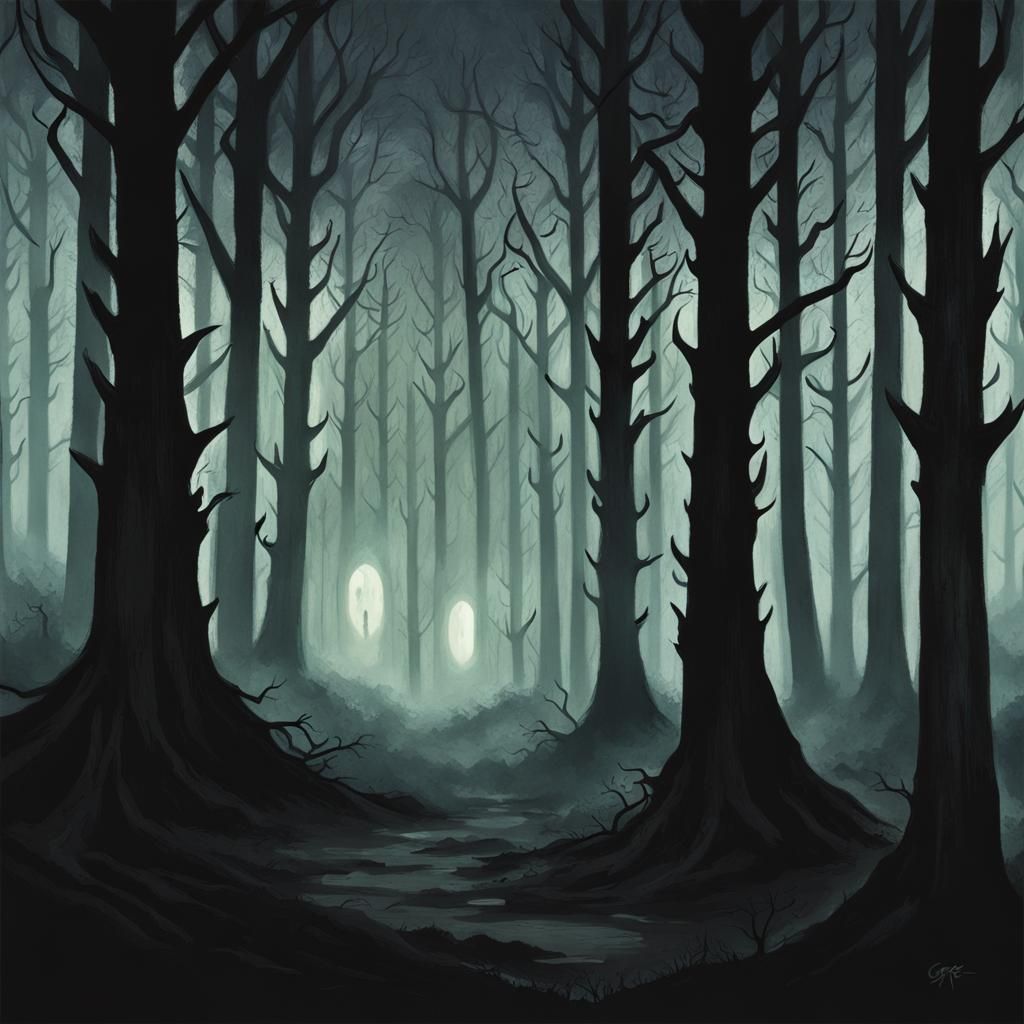 Eerie Forest with Shadow Ghosts and Evil Trees