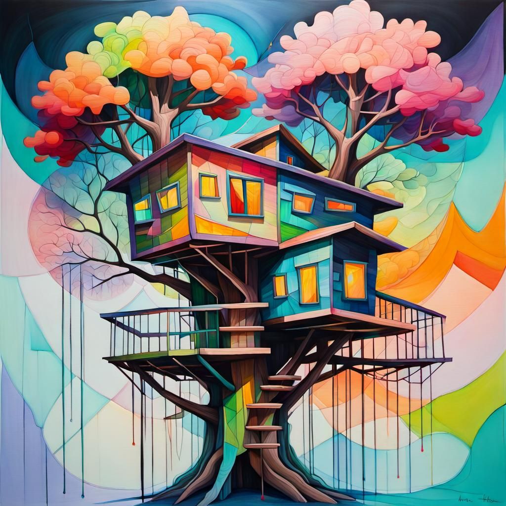 Abstract Treehouse in Neo-Cubism Style