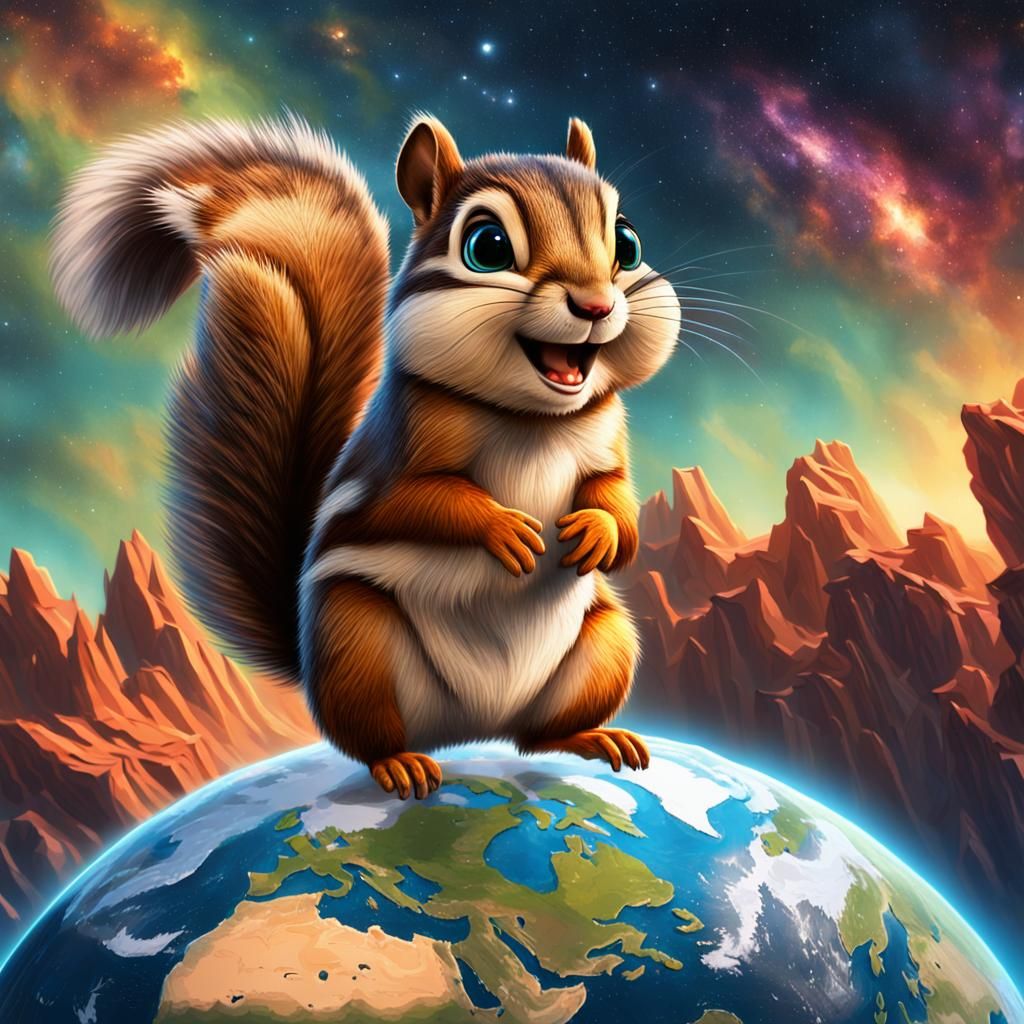 Giant Cartoon Chipmunk Oil Painting in Space