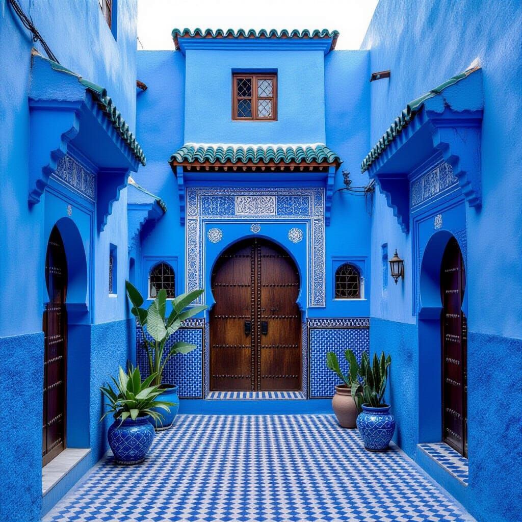 Moroccan Blue Cityscape with Zellij Tilework