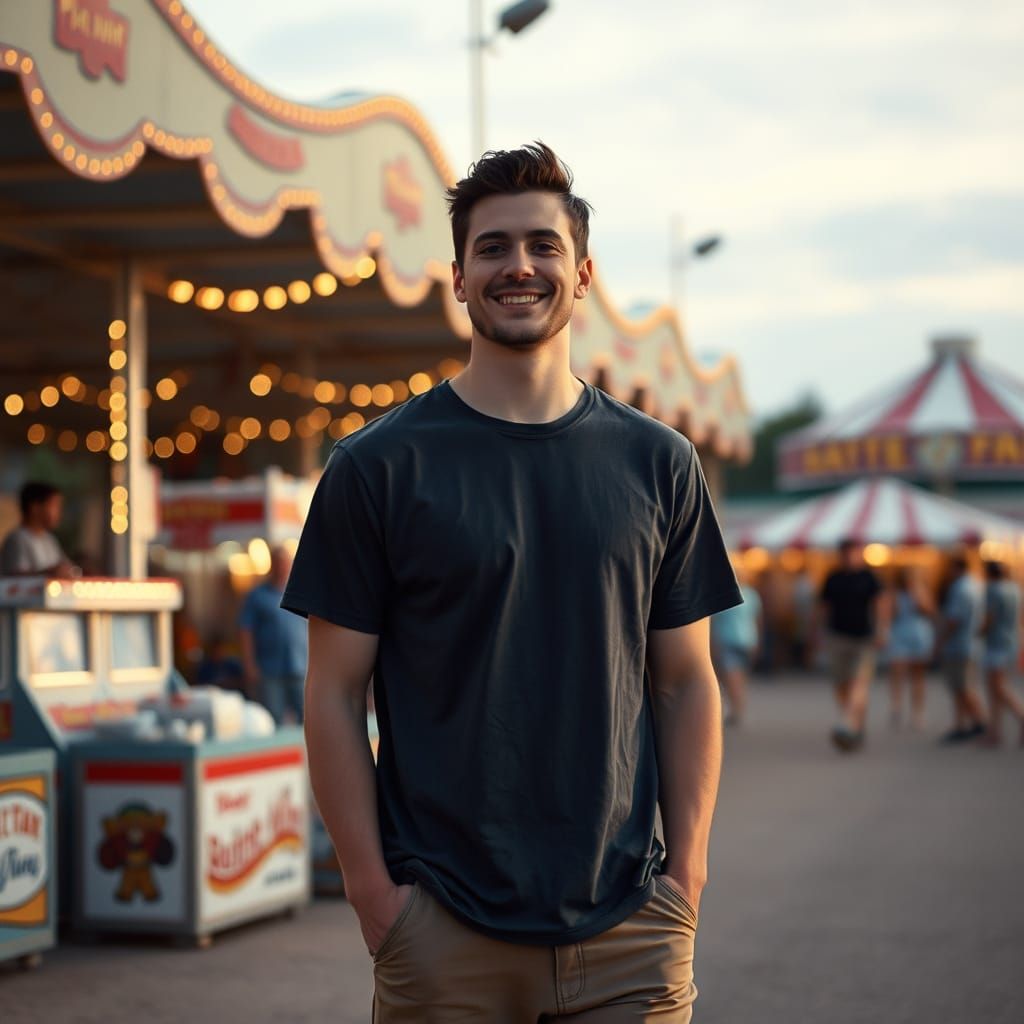 Man Smiling at State Fair in Cinematic Film Style