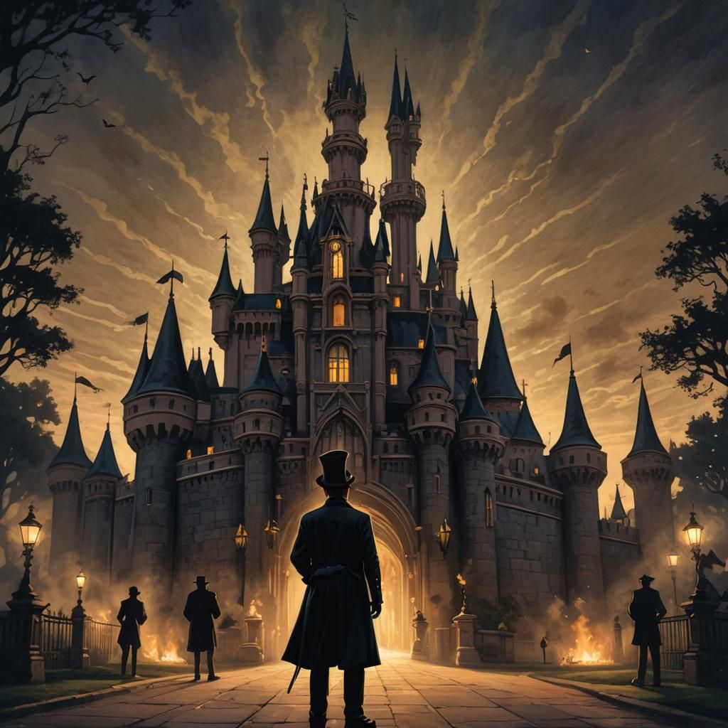 Gothic Victorian Disneyland Castle at Dusk