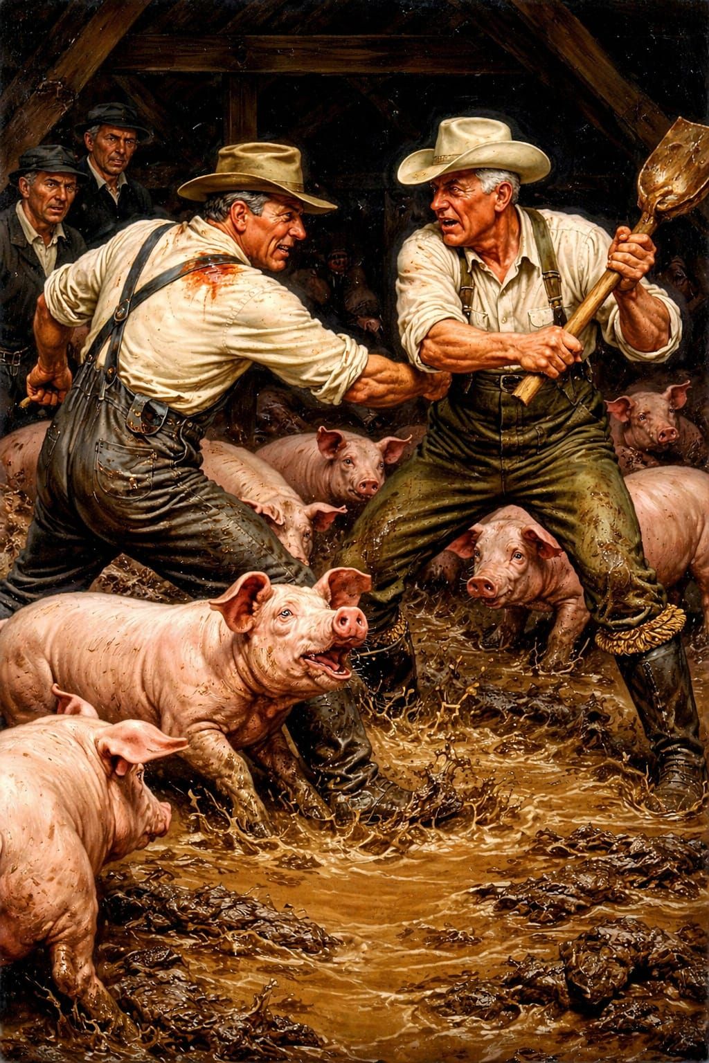 Norman Rockwell Style Farm Fight in Mud