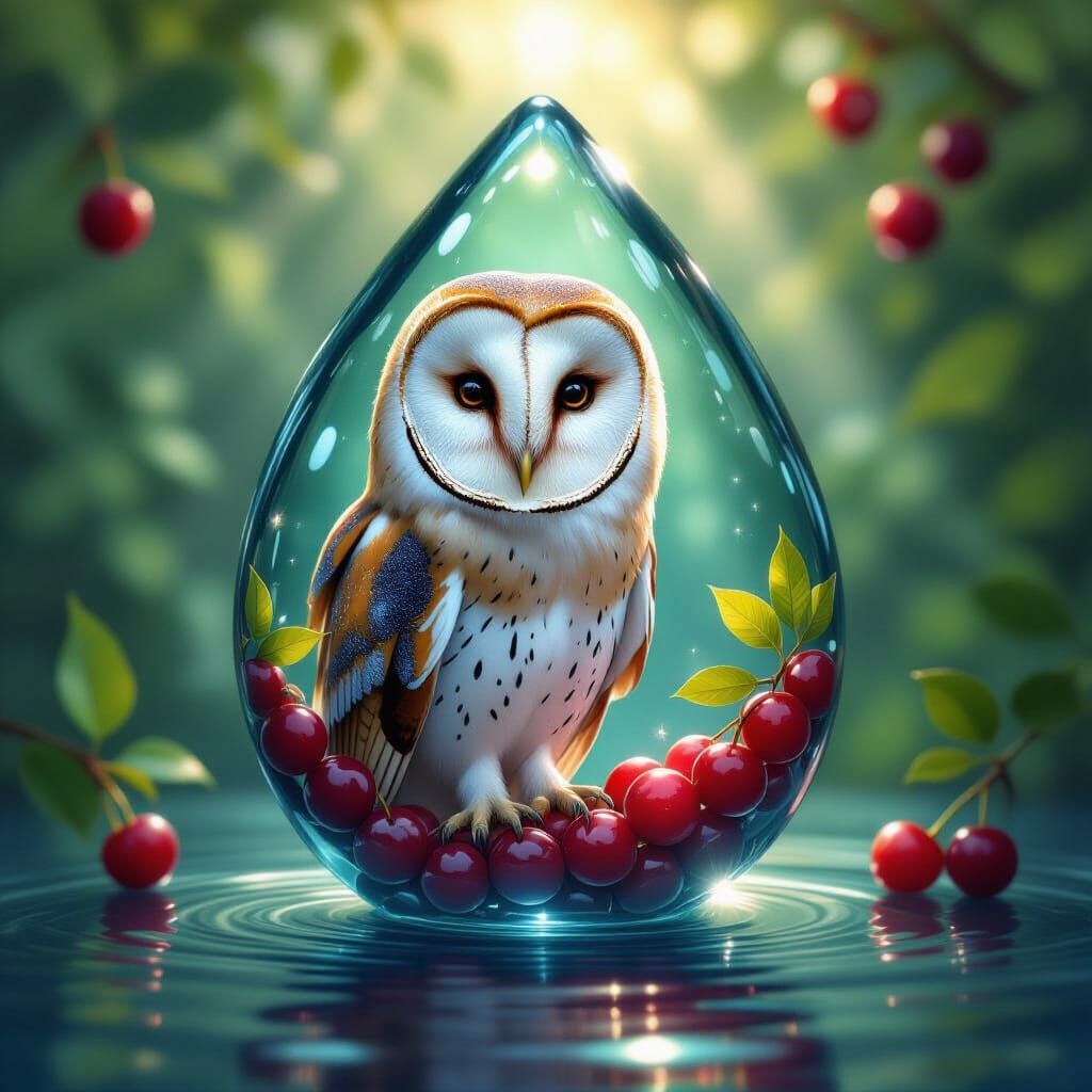 Majestic Owl in Luminous Berry Dewdrop