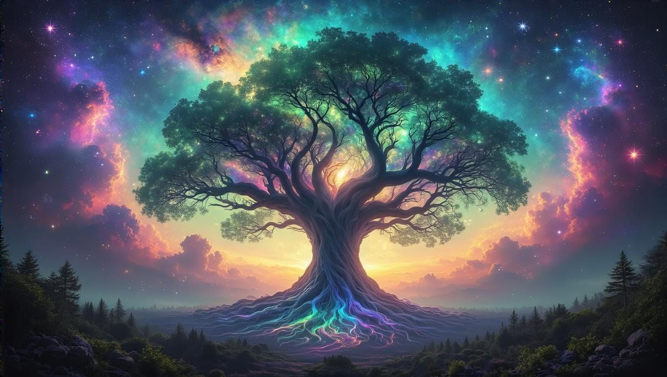 Cosmic Tree of Wonder in Vibrant Blues and Purples