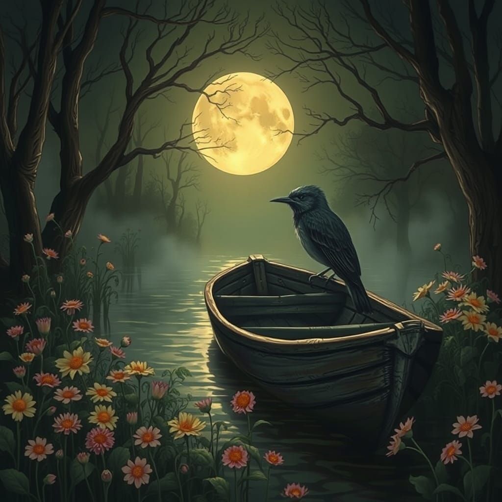 Mockingbird on Moonlit Boat in Whimsical Illustration Style