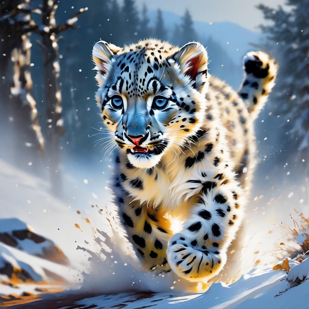 Snow Leopard Cub's Playful Frolic: Detailed Matte Painting