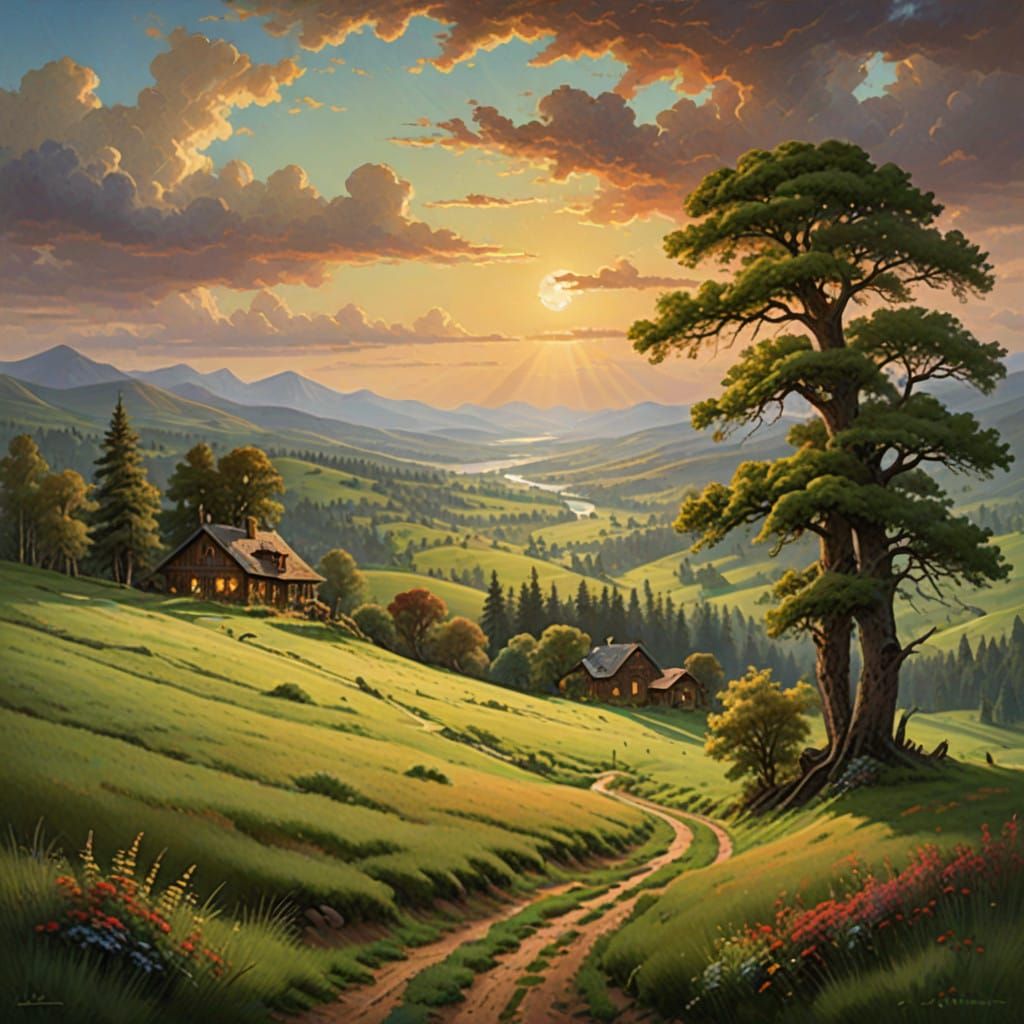 Lush Golden Landscape of Tranquil Rolling Hills