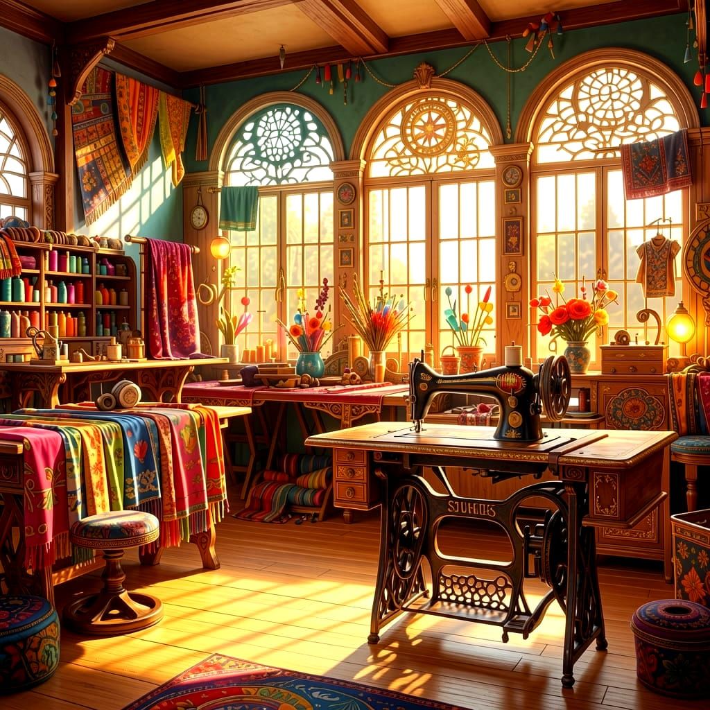 Fantastical Sunlit Sewing Workshop with Ancient Machine