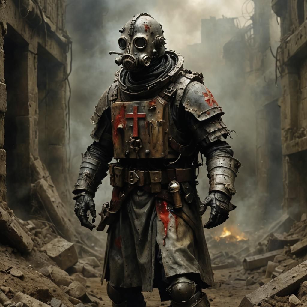 Grotesque Templar Knight in Trenches: A Grimdark Vision