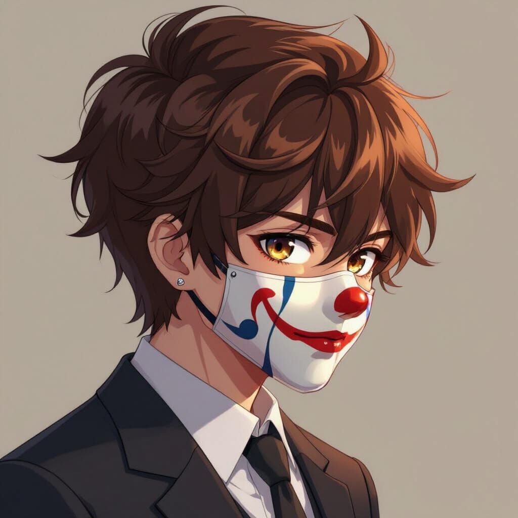 Anime Boy Eden in Clown Mask, Fantasy Character Art