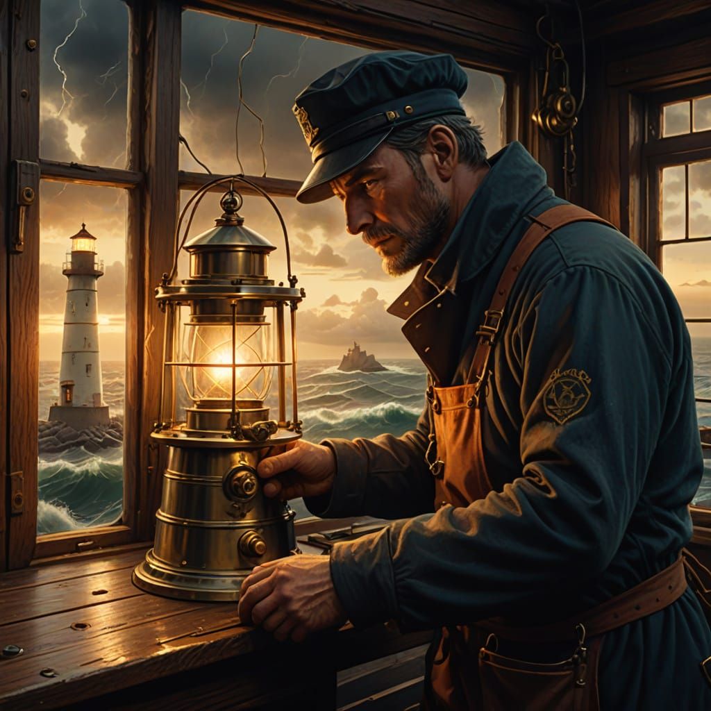 Lighthouse Keeper Repairing Lantern in Tower