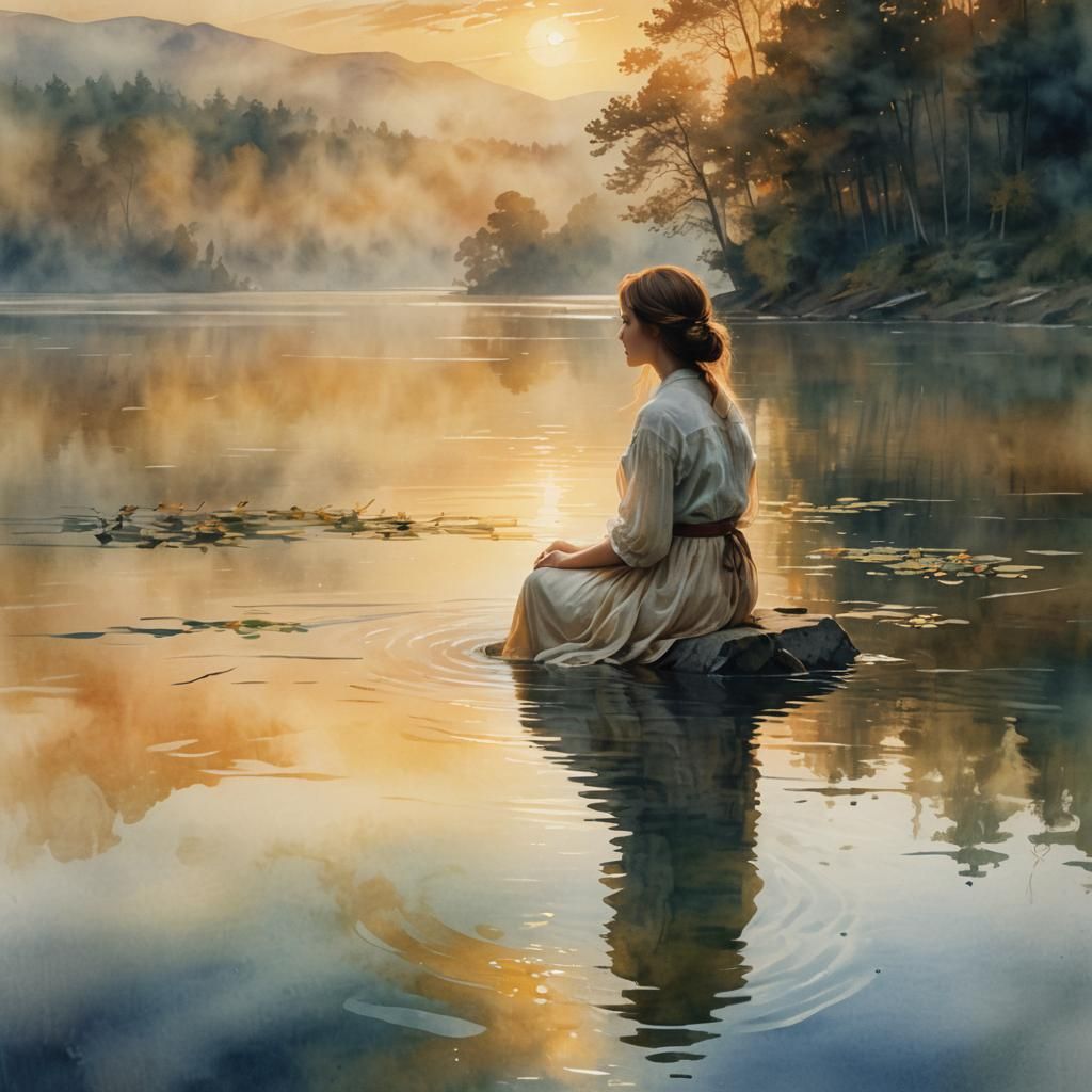 Woman at Lake Sunset: Ethereal Watercolor Dreamscape
