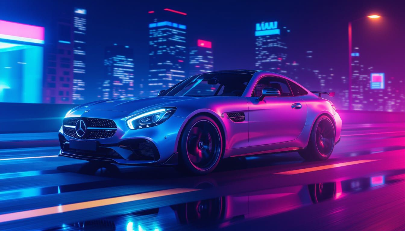 3D CGI Mercedes SLK AMG on Neon City Street at Night