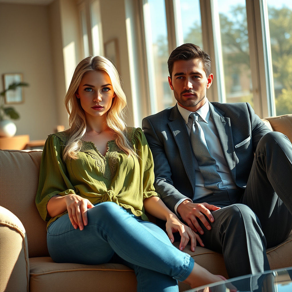 Sun-Drenched Couple in a Lively Living Room