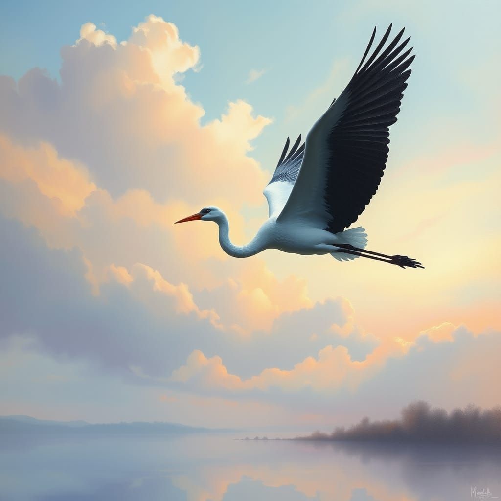 Majestic Flying Crane in Ethereal Pastel Sky
