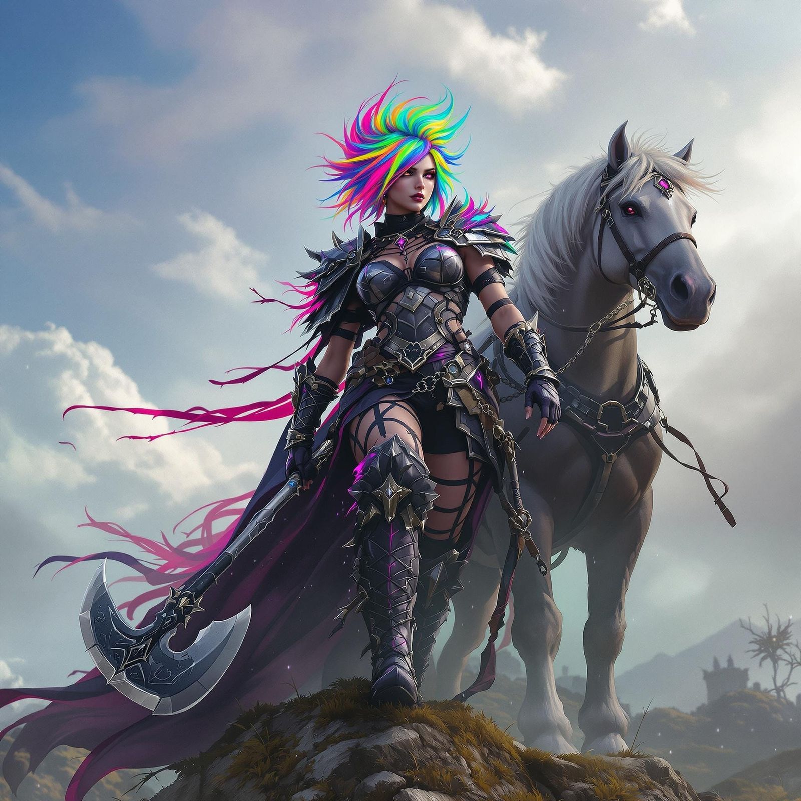 Gothic Warrior with Stallions in Art Nouveau Style