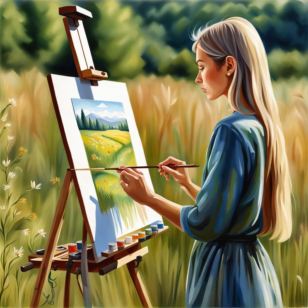 Eurasian Woman Painting in Meadow: Photorealistic Oil