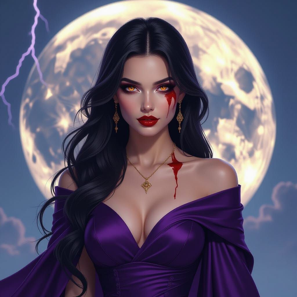 Dramatic Vampire with Orange Eyes and Purple Dress