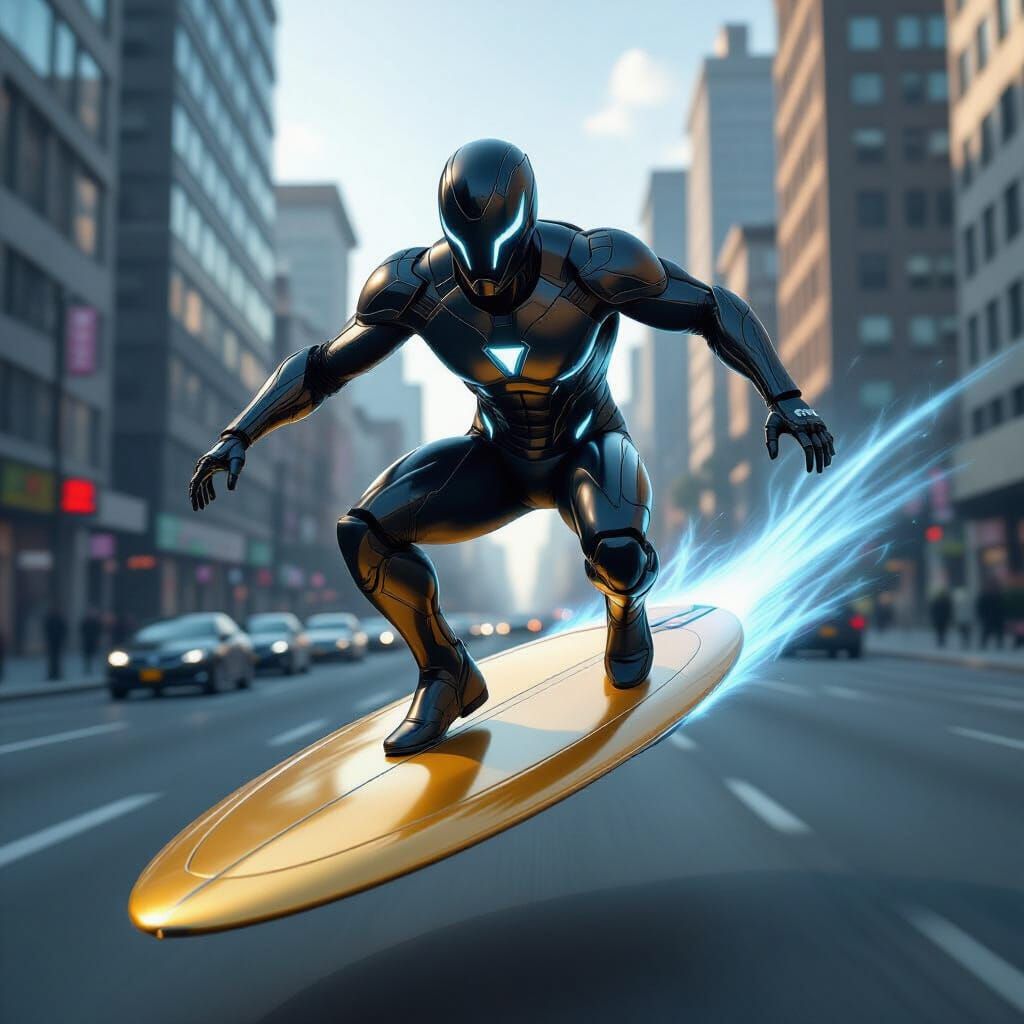 Superhero on Golden Surfboard in Futuristic Style